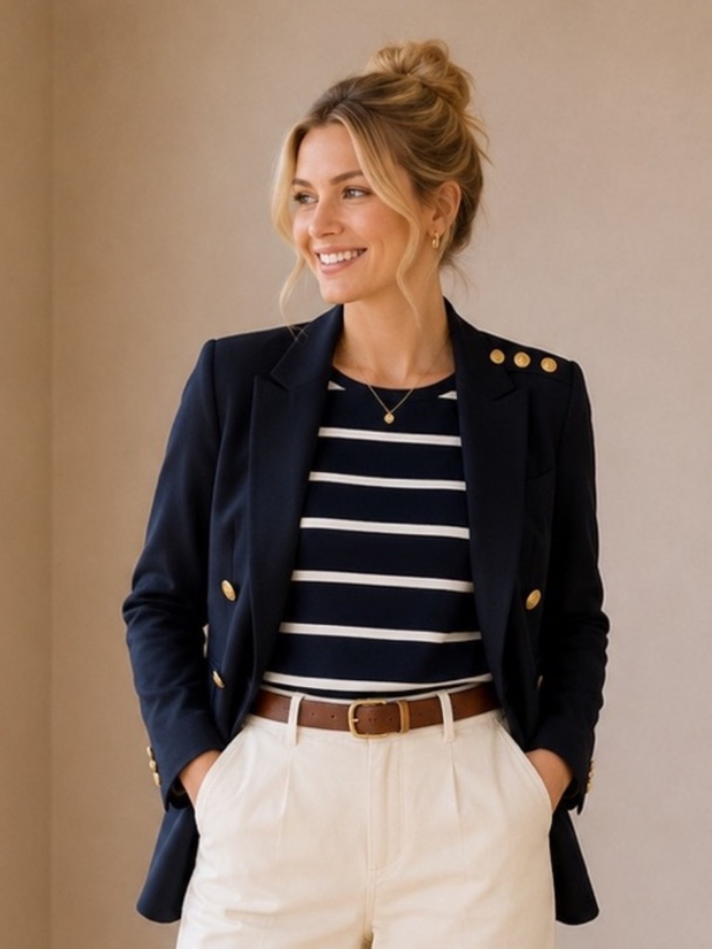 J. Crew Navy and White Striped Long-Sleeve Top with Gold Shoulder Buttons